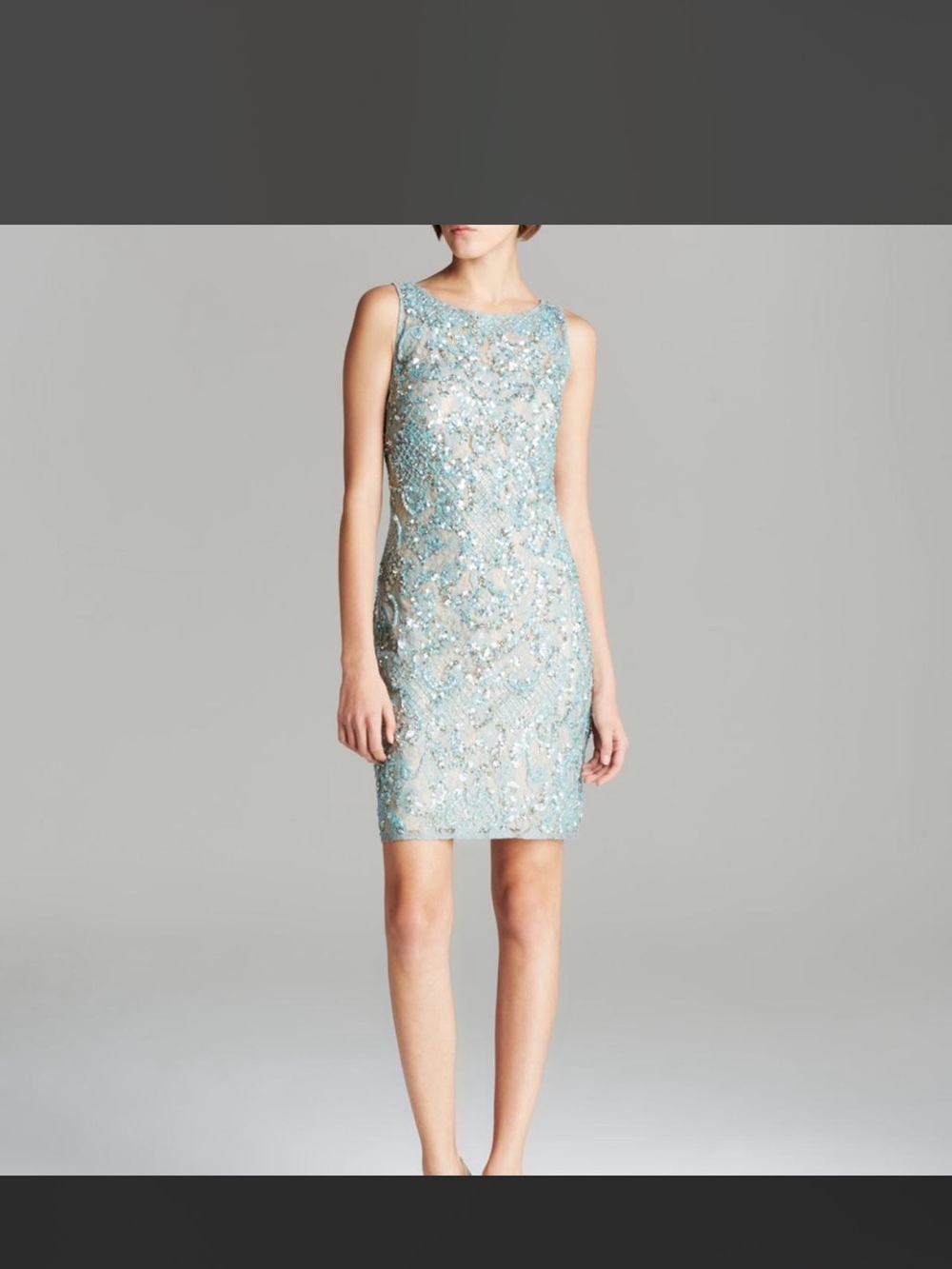 Aiden Mattox blue green sequin lace dress
